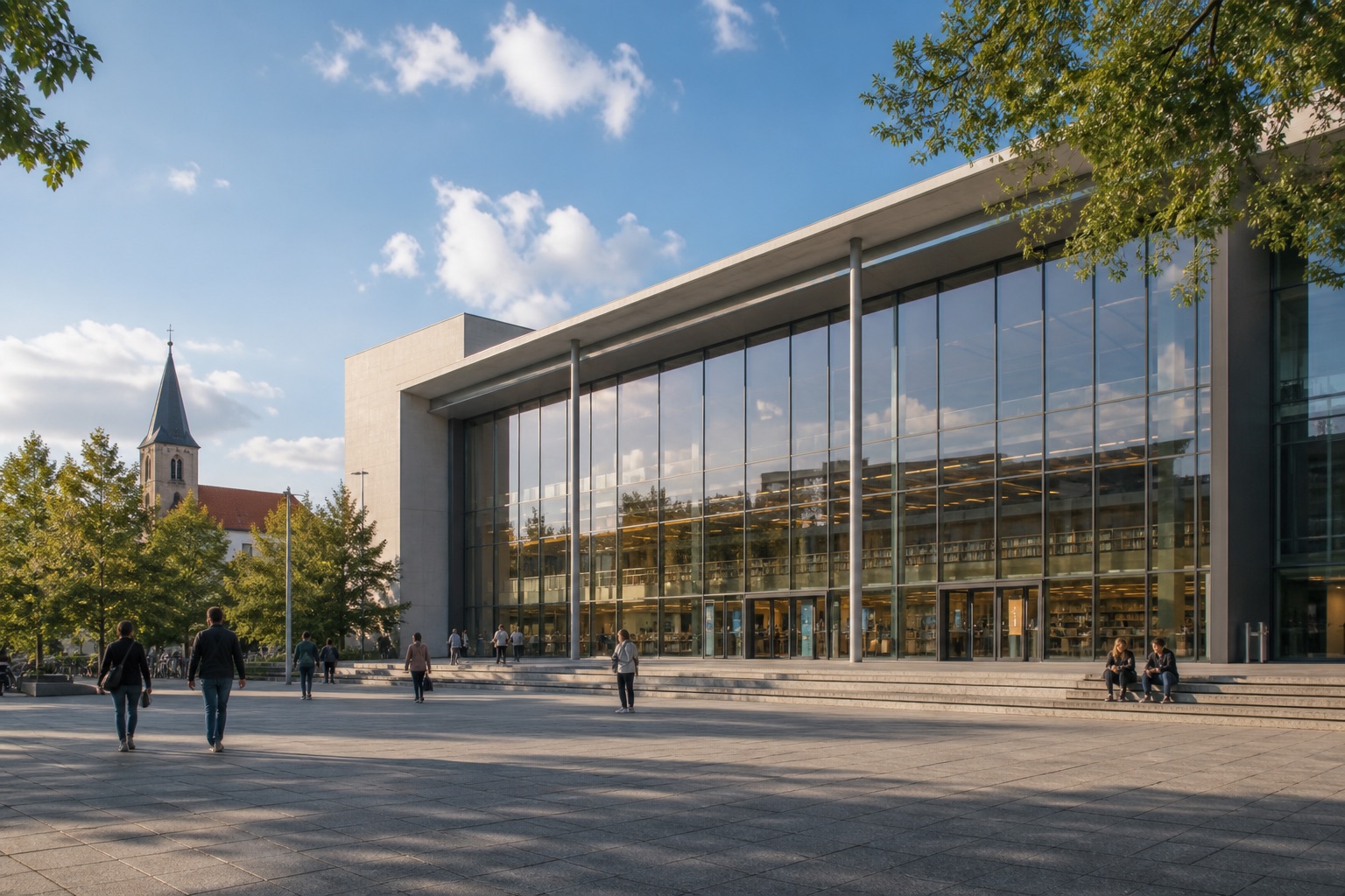 Modernes öffentliches Gebäude mit Platz und Passanten im Tageslicht