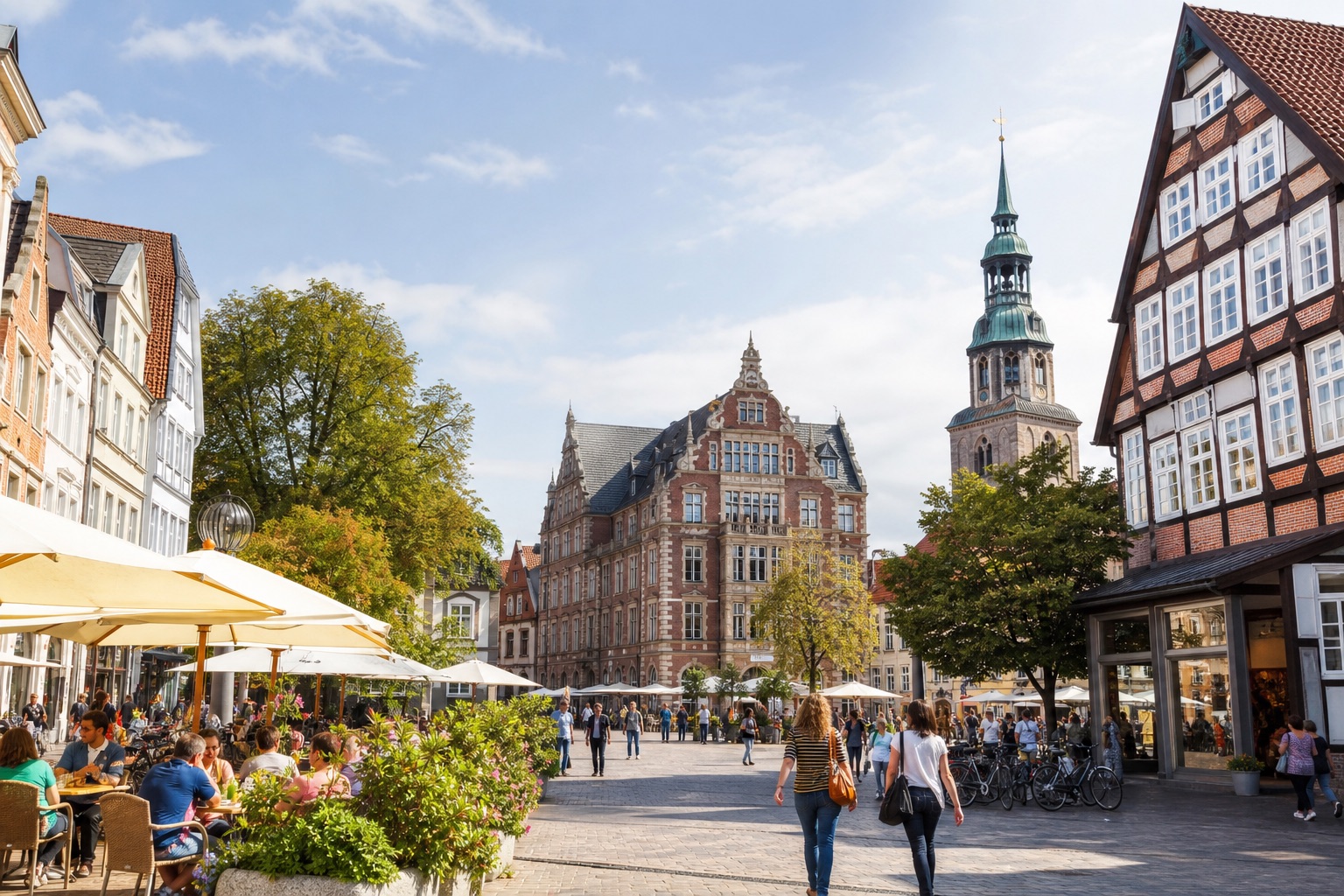 Belebter Stadtplatz mit Cafés und historischer Stadtsilhouette