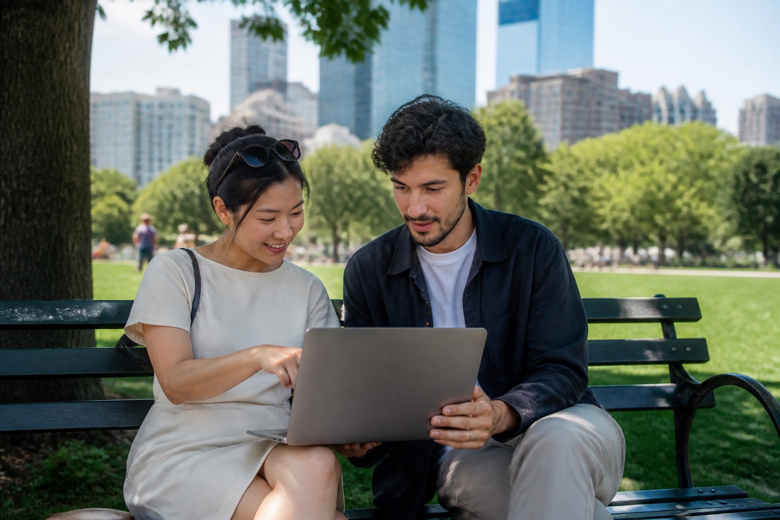 Zwei Personen nutzen ein Notebook auf einer Parkbank mit Blick auf die Stadt