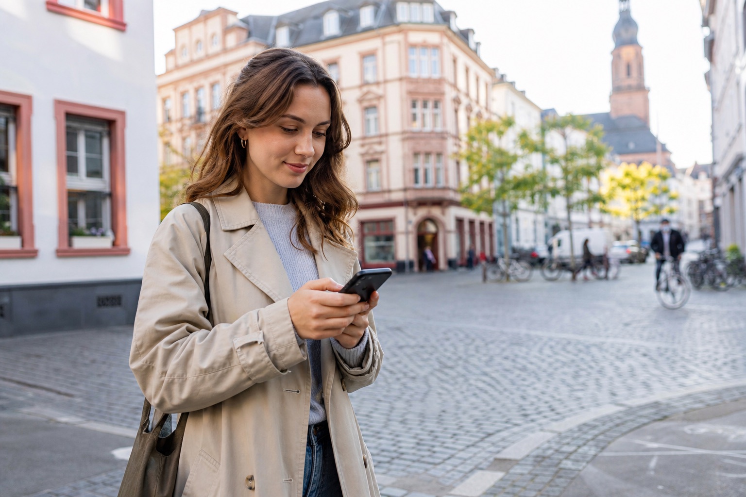 Bürgerin nutzt das Stadtportal auf dem Smartphone in der Innenstadt