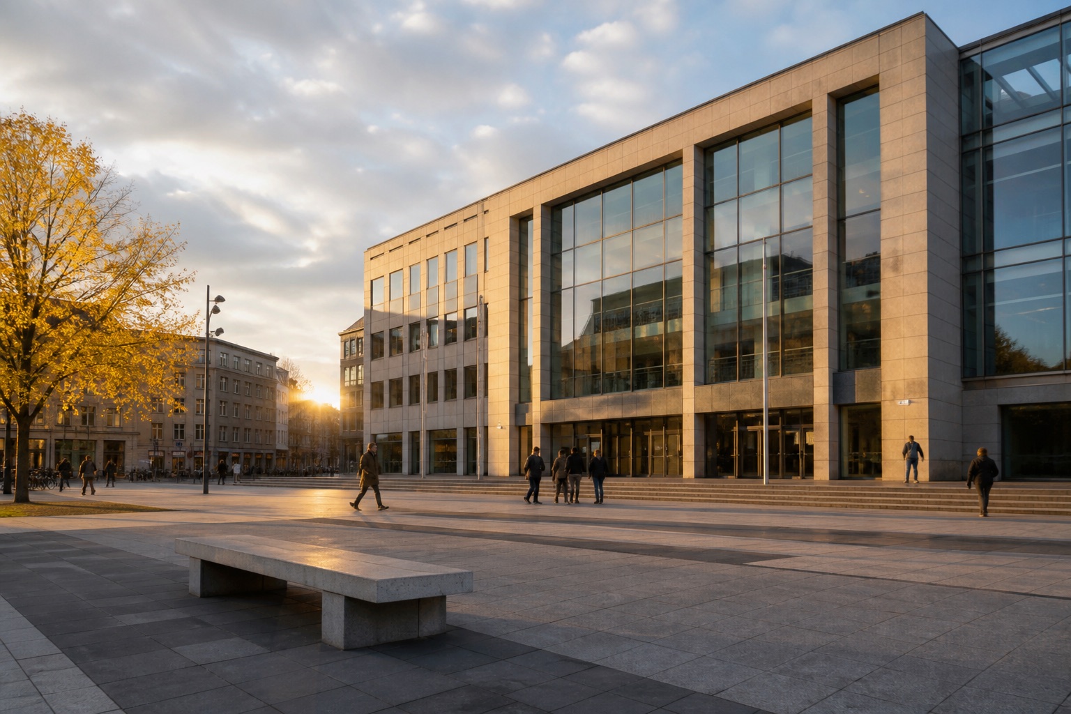Modernes Rathaus an einem öffentlichen Platz im Abendlicht